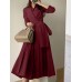 Solid Pleated Tie Long Sleeve Lapel A  line Shirt Dress