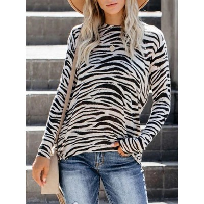 Women Leopard Print Slit Zipper Hem Long Sleeve Casual T  Shirts