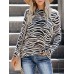 Women Leopard Print Slit Zipper Hem Long Sleeve Casual T  Shirts