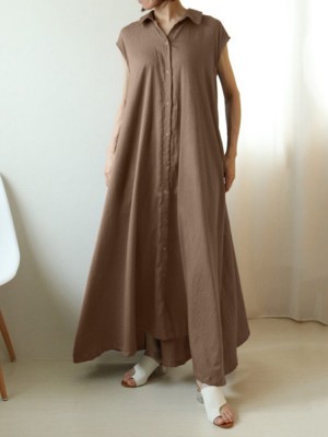 Solid Button Lapel Ruched Short Sleeve Maxi Shirt Dress