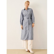 Stripe Print Button Front Long Sleeve Lapel Shirt Dress