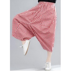 Casual Red Plaid Large Women's Elastic Waist Pants