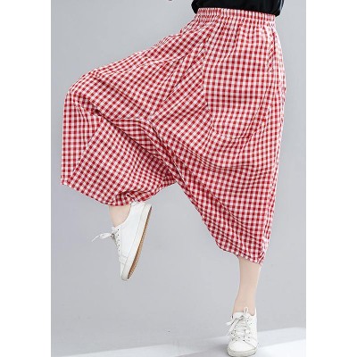 Casual Red Plaid Large Women's Elastic Waist Pants