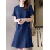 Solid Ruffle Hem Pocket Short Sleeve Crew Neck Casual Dress