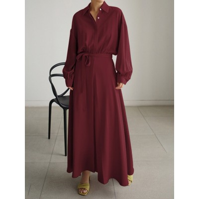 Solid Belt Long Sleeve Loose Button Down Shirt Dress