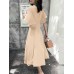 Women Solid A  line Pleated V  neck Dolman Sleeve Dress