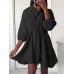 Solid Drawstring Button Lapel 3 4 Sleeve Shirt Dress