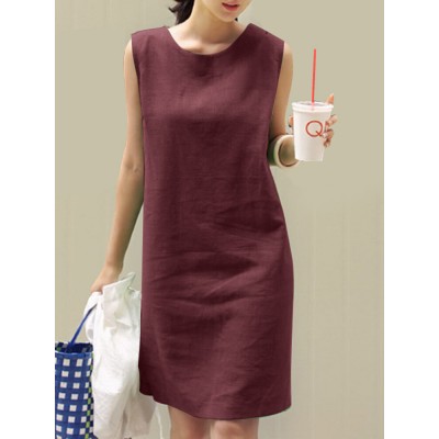 Solid Slit Hem Sleeveless Crew Neck Dress For Women