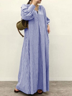 Stripe Print Button V  neck Long Sleeve Loose Shirt Dress