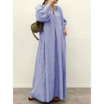 Stripe Print Button V  neck Long Sleeve Loose Shirt Dress