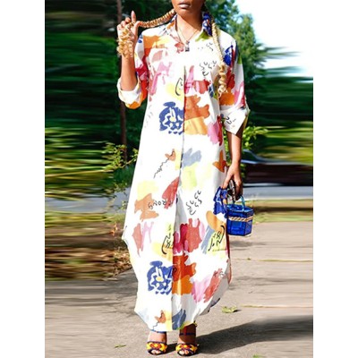 Geo Color Block Pattern Long Sleeve Button Maxi Shirt Dress