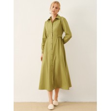 Solid Long Sleeve Button Front Lapel Shirt Dress