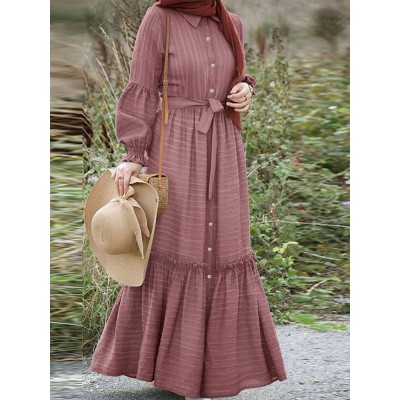 Striped Long Sleeve Turn  down Collar Long Sleeve Maxi Dress With Belt