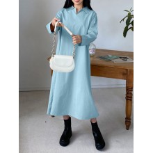 Solid Long Sleeve Lapel Casual Shirt Dress For Women