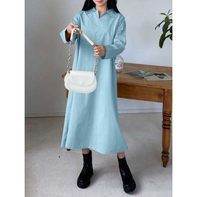 Solid Long Sleeve Lapel Casual Shirt Dress For Women