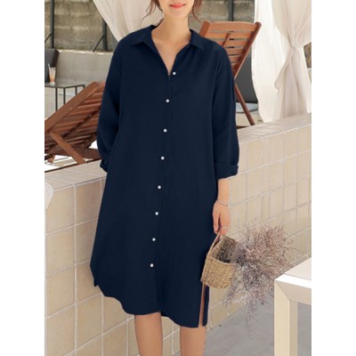 Solid Pocket Lapel Long Sleeve Casual Shirt Dress