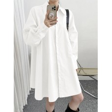 Solid Long Sleeve Lapel Button Front Casual Shirt Dress