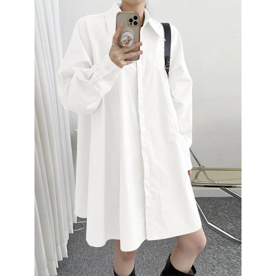 Solid Long Sleeve Lapel Button Front Casual Shirt Dress