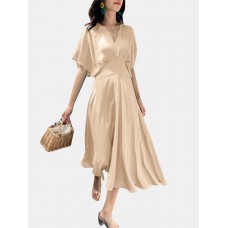 Women Solid A  line Pleated V  neck Dolman Sleeve Dress