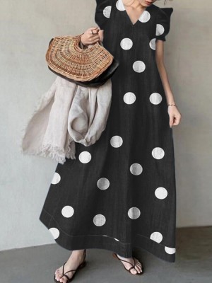 Polka Dot Sleeveless Ruffle V Neck Maxi Dress