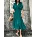 Women Solid A  line Pleated V  neck Dolman Sleeve Dress