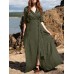 Half Sleeve Lapel V  Neck Pocket Sash Solid Maxi Dress