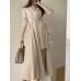 Solid Pleated Tie Long Sleeve Lapel A  line Shirt Dress