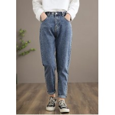 Unique Denim Dark Blue High Waist Spring Elastic Waist Pattern Wild Pants