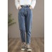 Unique Denim Dark Blue High Waist Spring Elastic Waist Pattern Wild Pants