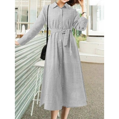 Check Print Belt Lapel Long Sleeve Button Down Shirt Dress