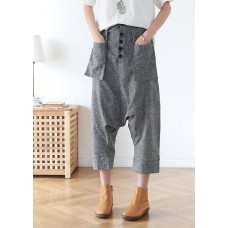 Plus Size Grey Asymmetrical Design Pockets Cotton Crop Pants