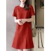 Solid Ruffle Hem Pocket Short Sleeve Crew Neck Casual Dress