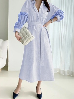 Stripe Contrast Color Pocket Belt Button Down Shirt Dress