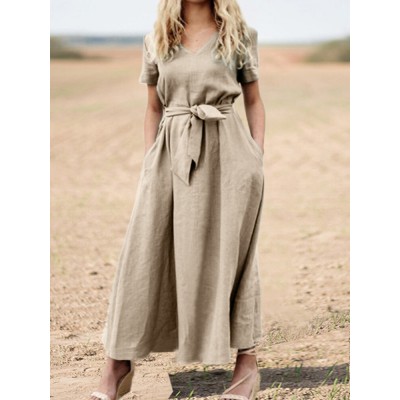 Solid Pocket Sash Short Sleeve Cotton Casual Maxi Dress