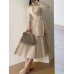 Solid Pleated Tie Long Sleeve Lapel A  line Shirt Dress