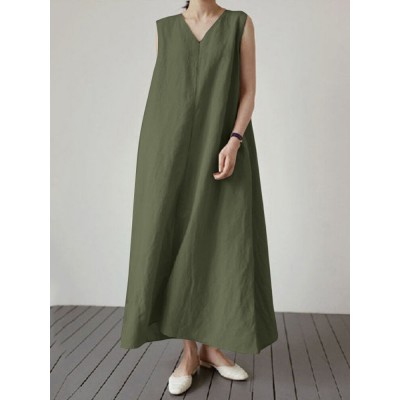 Solid V Neck Sleeveless Casual Cotton Maxi Dress