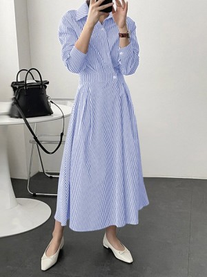 Stripe Print Lapel Long Sleeve Button Elastic Waist Shirt Dress