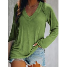 Women Solid Color V  neck Raglan Long Sleeve Casual T  shirt