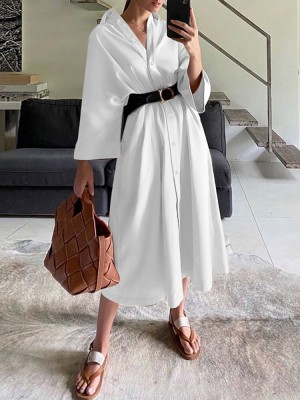 Solid Loose Belt Button Long Sleeve Lapel Shirt Dress