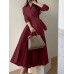 Solid Pleated Tie Long Sleeve Lapel A  line Shirt Dress