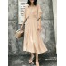 Women Solid A  line Pleated V  neck Dolman Sleeve Dress