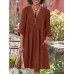 Solid Pocket V  neck 3 4 Sleeve Vintage Dress