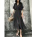 Women Solid A  line Pleated V  neck Dolman Sleeve Dress