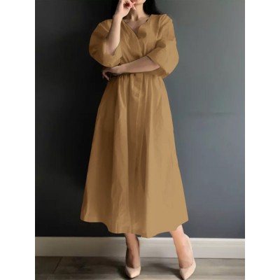 Solid Color Long Sleeve V  neck Shirt Dress With Belt