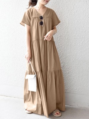 Solid Lettuce Edge V  neck Short Sleeve Swing Maxi Dress