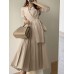 Solid Pleated Tie Long Sleeve Lapel A  line Shirt Dress