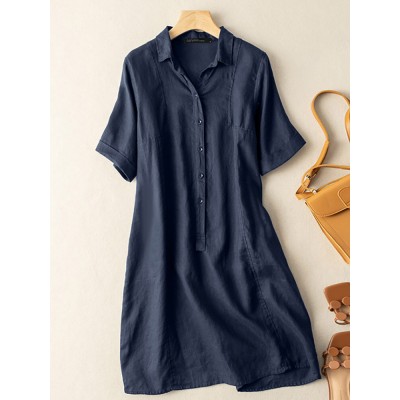 Solid Button Front Short Sleeve Lapel Shirt Dress