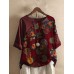 Women Geometric Floral Print Patchwotk Vintage Short Sleeve T  Shirts